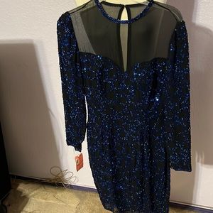 Long Sleeve Sapphire Blue & Black Sequence Dress by Della